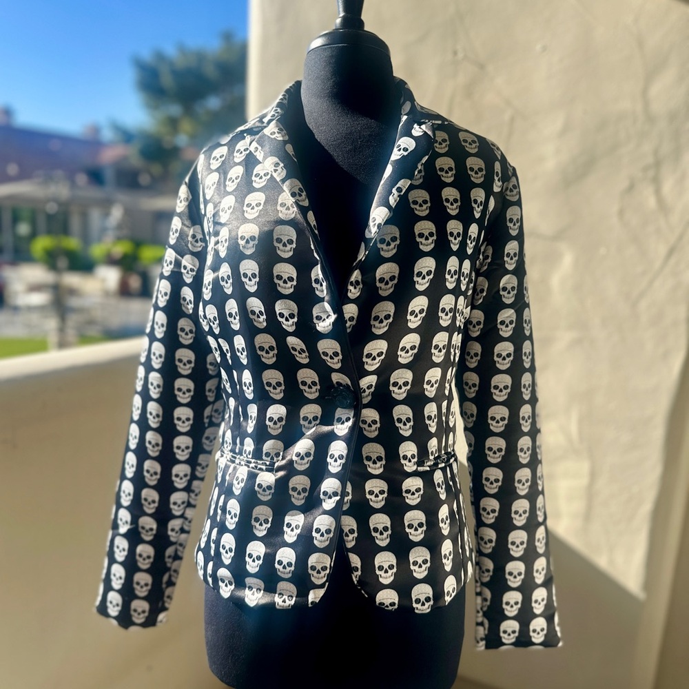 ROCK ‘N KARMA Skull Print Satin Fitted Blazer Jacket L